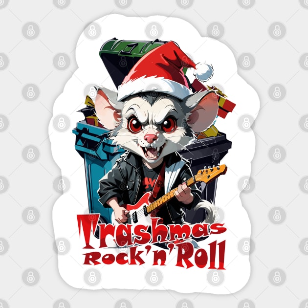 Trashmas Rock and Roll, Rat, opossum Sticker by Rusty Lynx Design